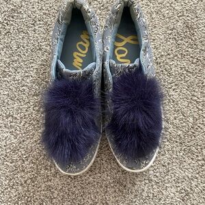 Sam Edelman Floral Blue Denim Leya Pom Pom Slip-on Sneakers